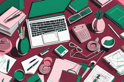 A cluttered desk with various objects and documents scattered around