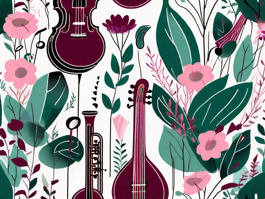 A vibrant garden filled with musical instruments and notes
