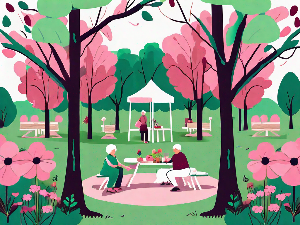 A serene park scene with colorful flowers