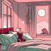A cozy bedroom scene with a soft moonlit sky outside the window