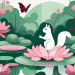 A serene garden scene with various objects and animals that represent mindfulness