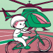 A young child attempting to ride a bicycle with training wheels while being closely monitored by a hovering helicopter
