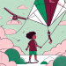 A preadolescent child holding a kite