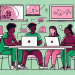 A diverse group of middle schoolers engaged in various interactive activities on their devices