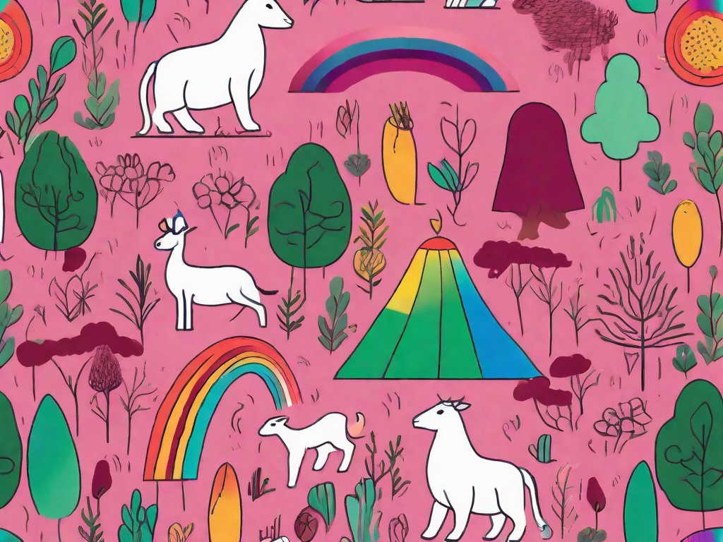 A vibrant rainbow with various objects and animals in different colors to engage and captivate 7-year-olds while teaching them about colors