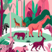A colorful and vibrant zoo scene with various animals interacting and engaging with curious 10-year-old children