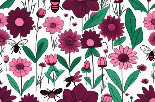 A colorful garden with blooming flowers and a variety of insects