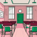 An empty classroom with a ticking clock on the wall and a solitary chair in the center