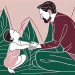 A calm and composed parent figure using non-verbal cues to redirect and diffuse a child's tantrum