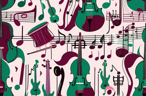 A colorful musical landscape with various instruments and notes intertwined